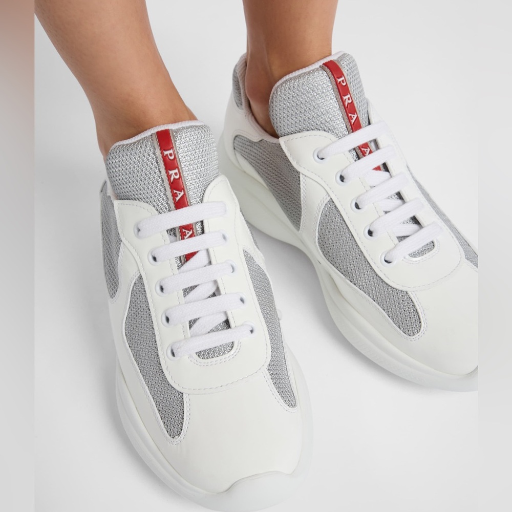 Prada America's Cup Biker Fabric Sneakers in White and Gray